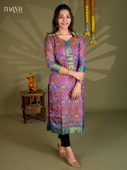 Purple & Blue - Semi Patola Readymade Kurti - MEB20003