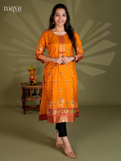 Mustard & Maroon Semi Patola Readymade Kurti with patola prints & zari border  - MEB20005