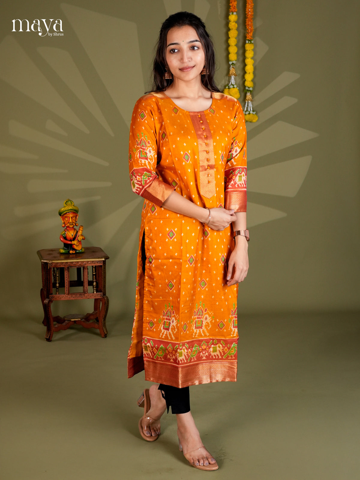 Mustard & Maroon Semi Patola Readymade Kurti with patola prints & zari border  - MEB20005