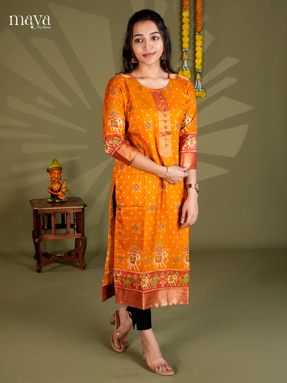 Mustard & Maroon Semi Patola Readymade Kurti with patola prints & zari border  - MEB20005