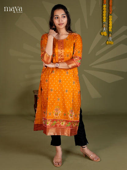 Mustard & Maroon Semi Patola Readymade Kurti with patola prints & zari border  - MEB20005