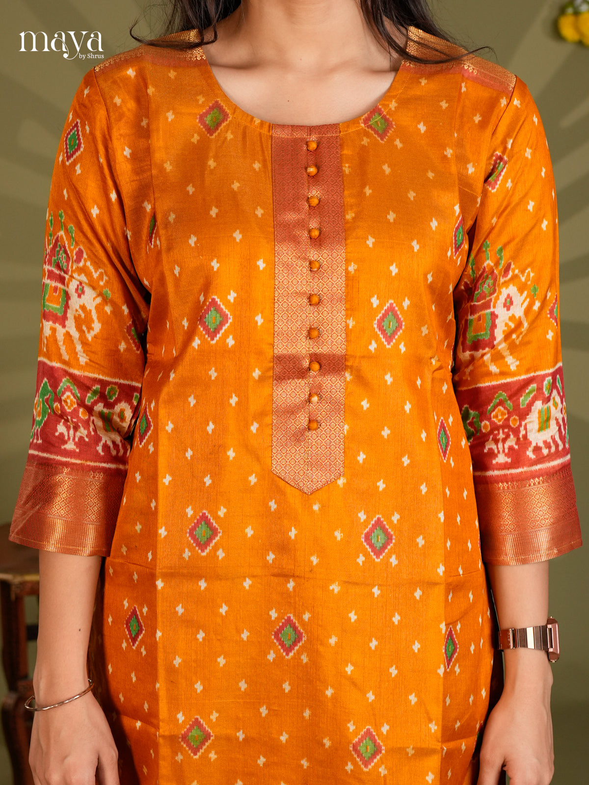 Mustard & Maroon Semi Patola Readymade Kurti with patola prints & zari border  - MEB20005