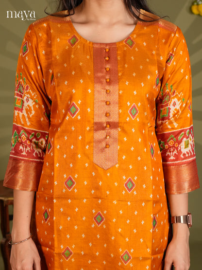 Mustard & Maroon Semi Patola Readymade Kurti with patola prints & zari border  - MEB20005