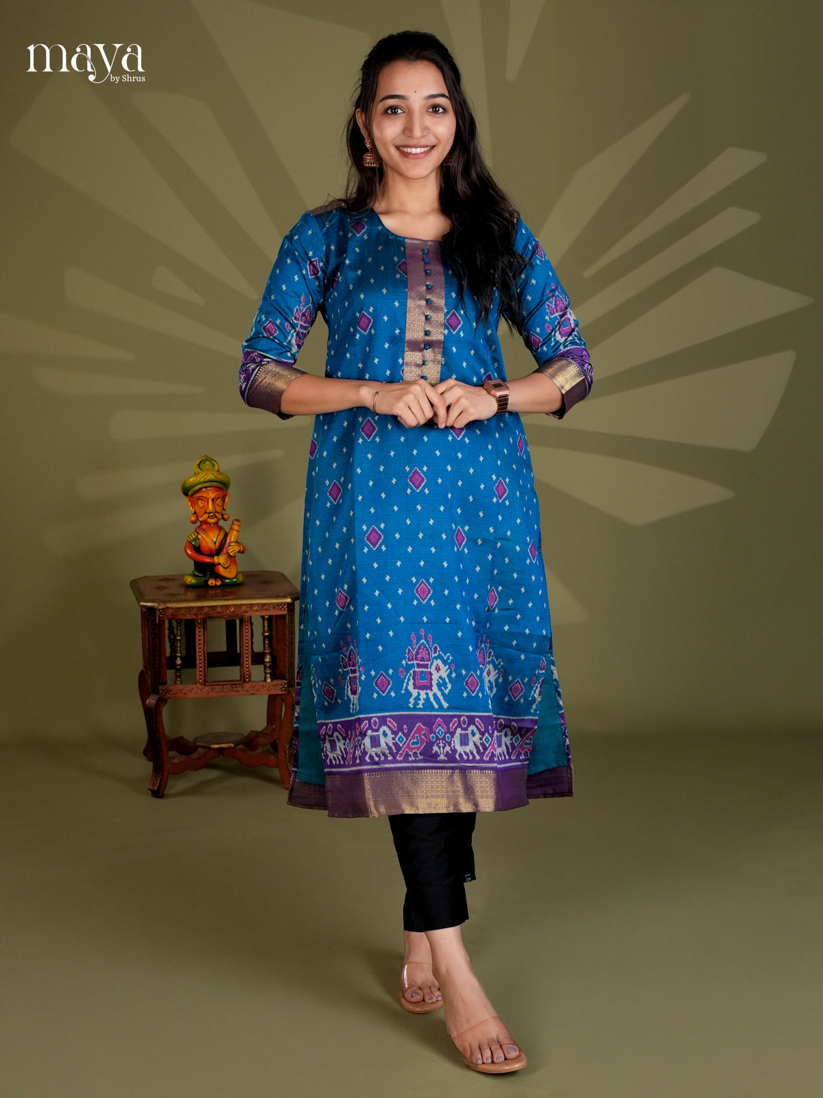 Blue & Purple  Semi Patola Readymade Kurti with zari border  - MEB20006
