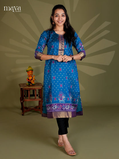 Blue & Purple  Semi Patola Readymade Kurti with zari border  - MEB20006