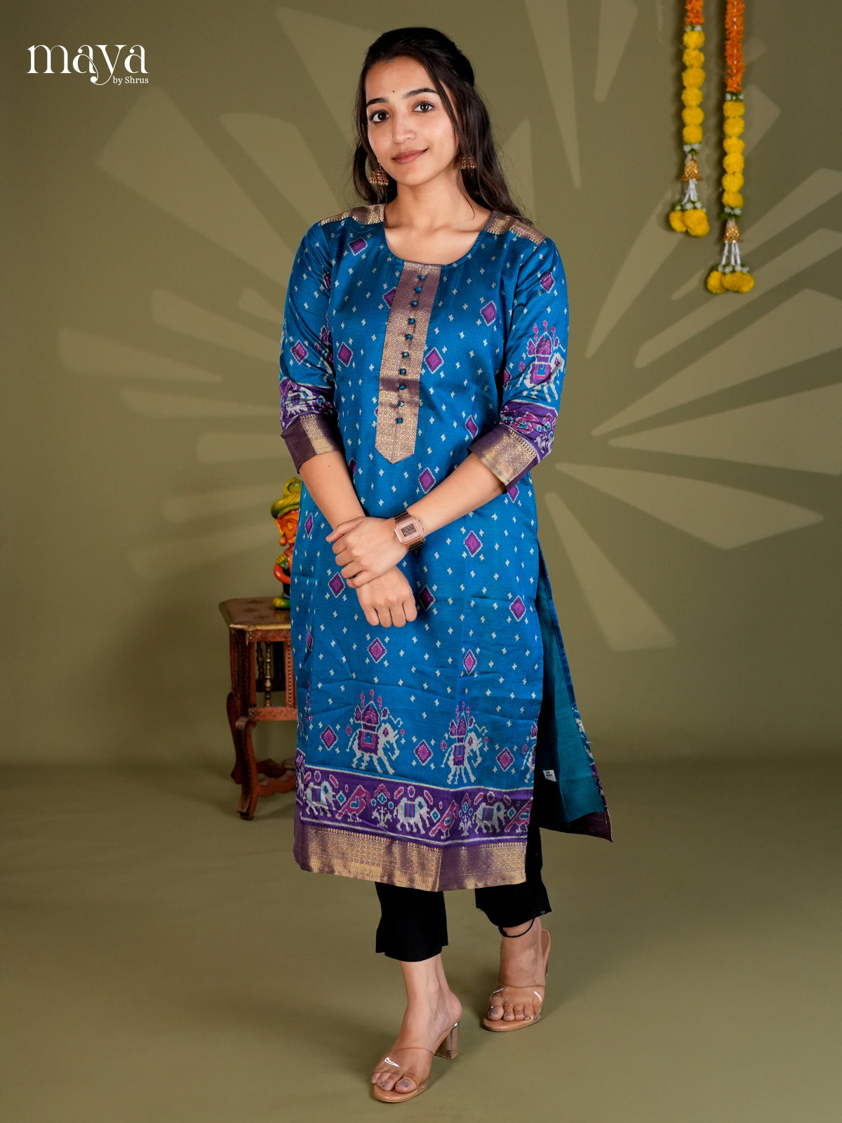 Blue & Purple  Semi Patola Readymade Kurti with zari border  - MEB20006