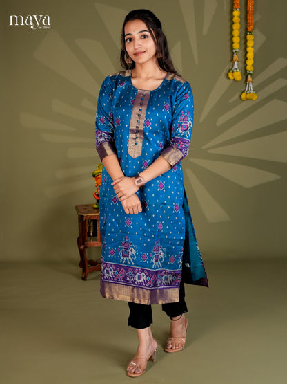 Blue & Purple  Semi Patola Readymade Kurti with zari border  - MEB20006