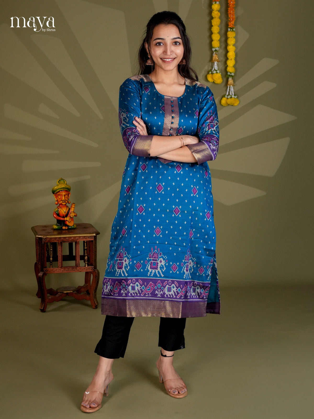 Blue & Purple  Semi Patola Readymade Kurti with zari border  - MEB20006