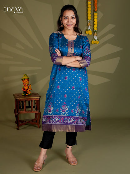 Blue & Purple  Semi Patola Readymade Kurti with zari border  - MEB20006
