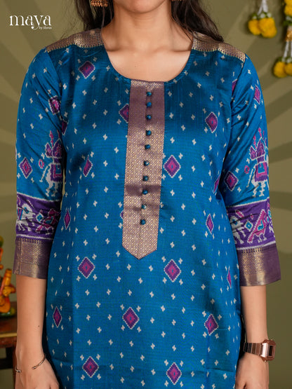 Blue & Purple  Semi Patola Readymade Kurti with zari border  - MEB20006