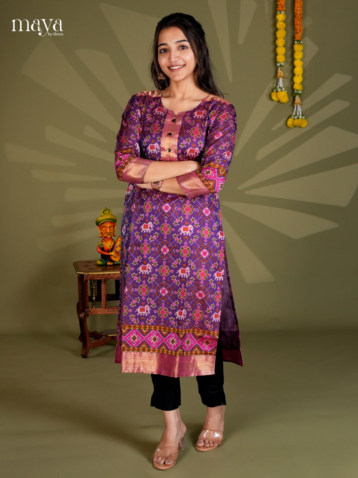 Purple & Pink Semi Patola Readymade Kurti with elephant ikkat prints - MEB20009