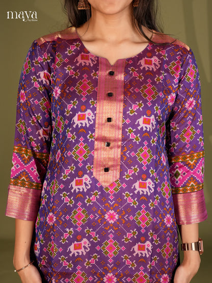 Purple & Pink Semi Patola Readymade Kurti with elephant ikkat prints - MEB20009