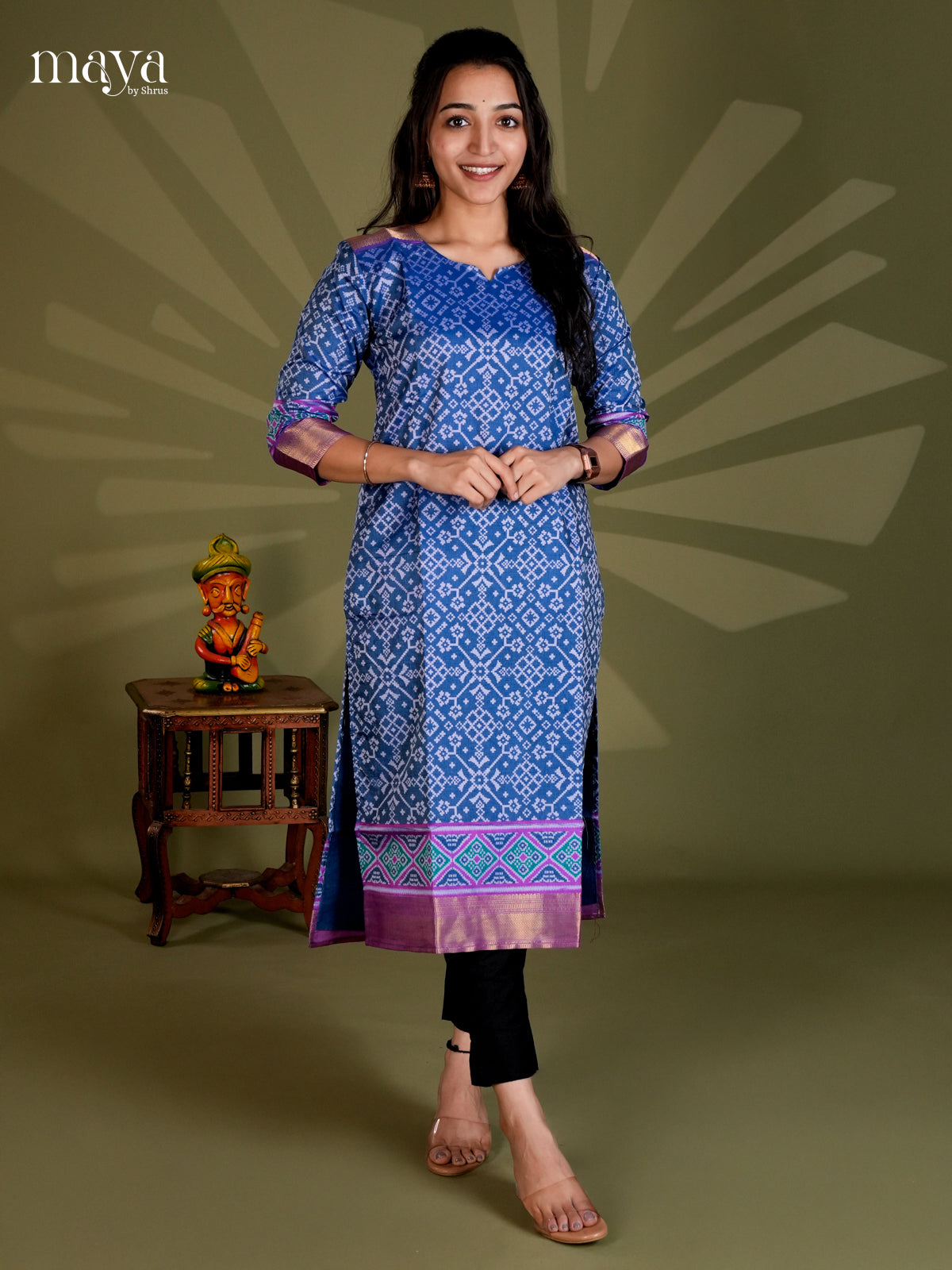 Blue & Purple Semi Patola Readymade Kurti with intricate floral pattern- MEB20010