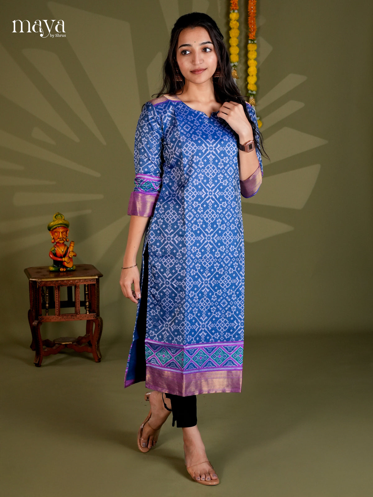 Blue & Purple Semi Patola Readymade Kurti with intricate floral pattern- MEB20010