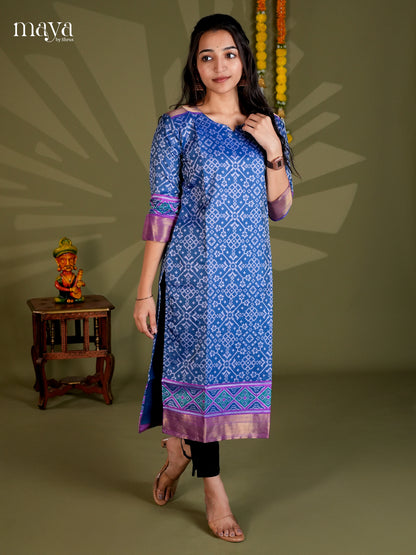 Blue & Purple Semi Patola Readymade Kurti with intricate floral pattern- MEB20010