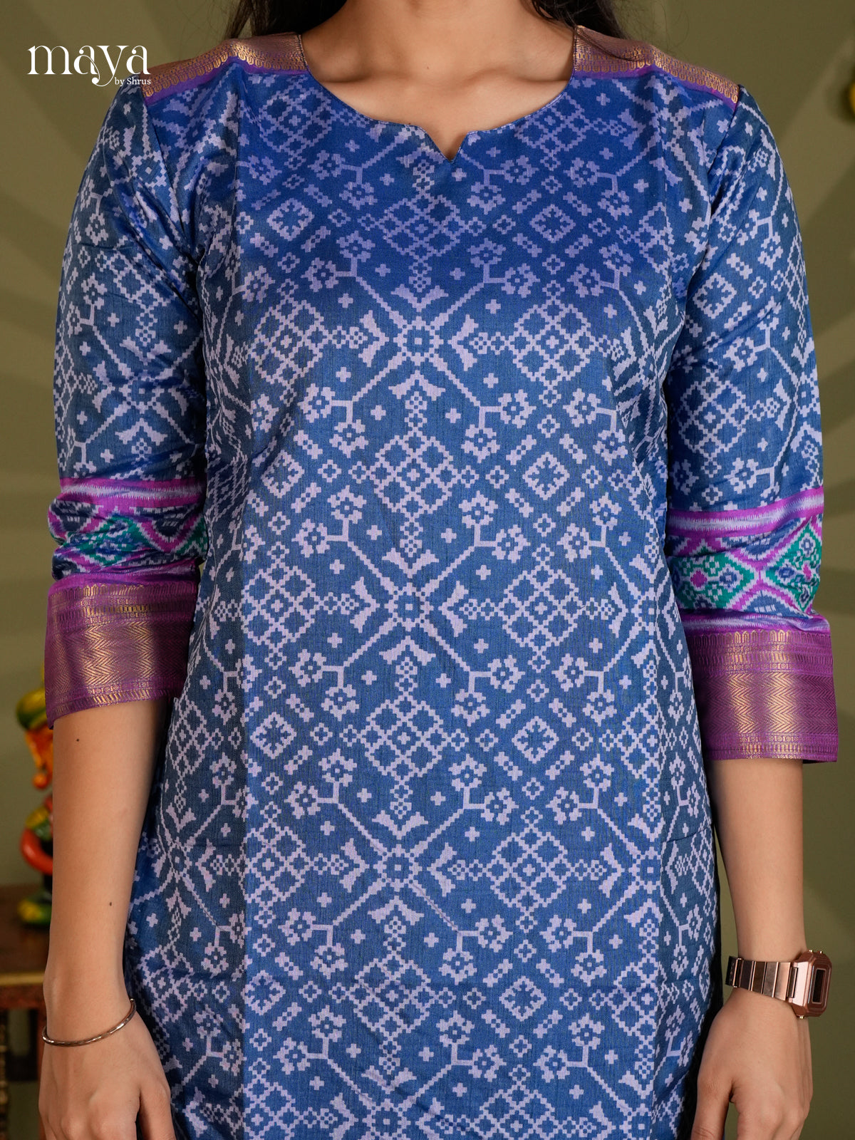 Blue & Purple Semi Patola Readymade Kurti with intricate floral pattern- MEB20010