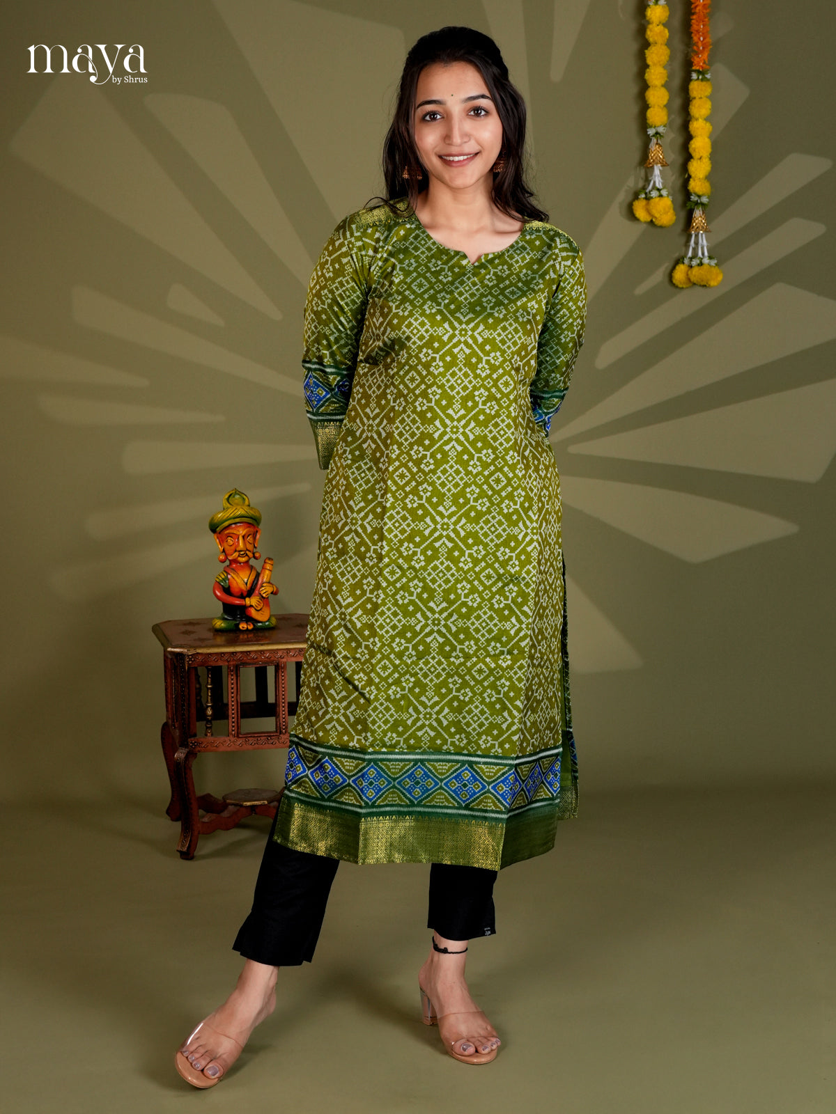 Green & Blue Semi Patola Readymade Kurti with floral prints - MEB20011