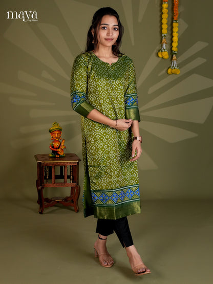 Green & Blue Semi Patola Readymade Kurti with floral prints - MEB20011