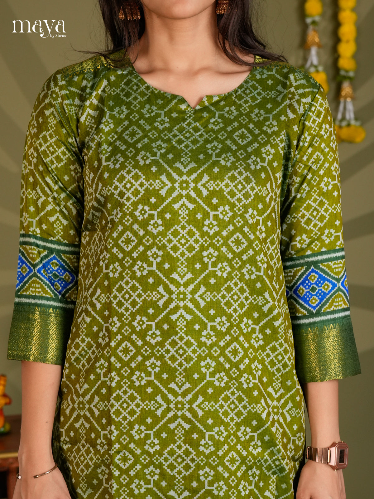 Green & Blue Semi Patola Readymade Kurti with floral prints - MEB20011