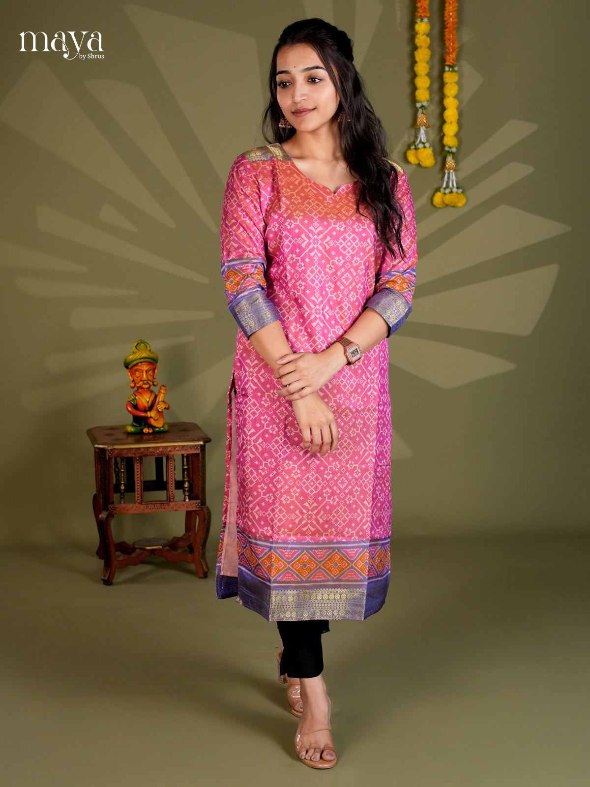 pink & Purple  Semi Patola Readymade Kurti with floral prints - MEB20012
