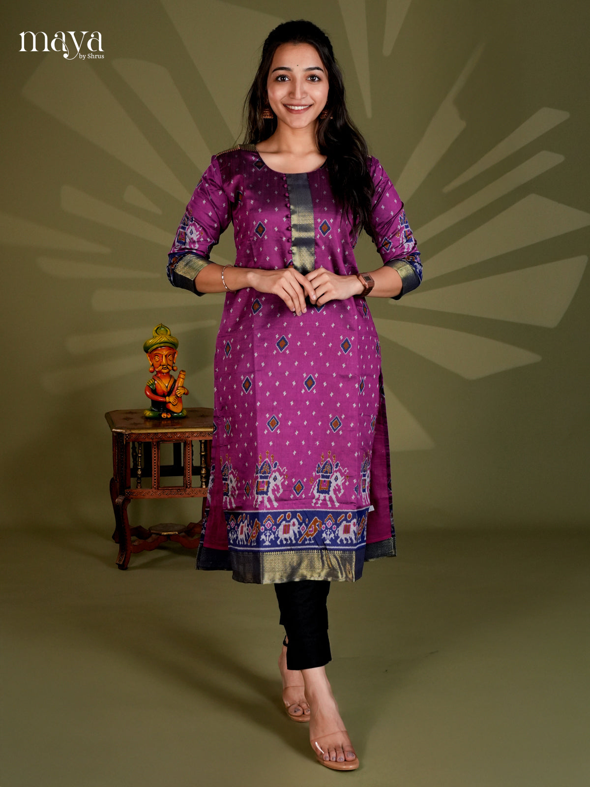 Purple & Blue Semi Patola Readymade Kurti - MEB20014
