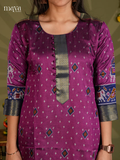 Purple & Blue Semi Patola Readymade Kurti - MEB20014
