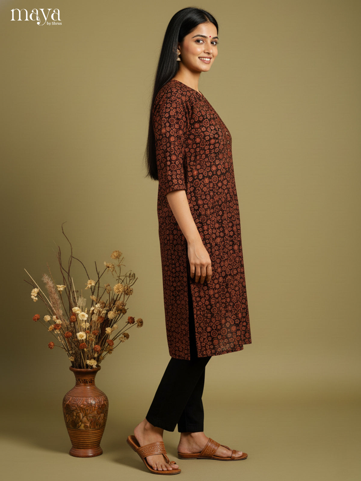 Black & Brown Ajrakh printed Readymade Kurti-MEB27026