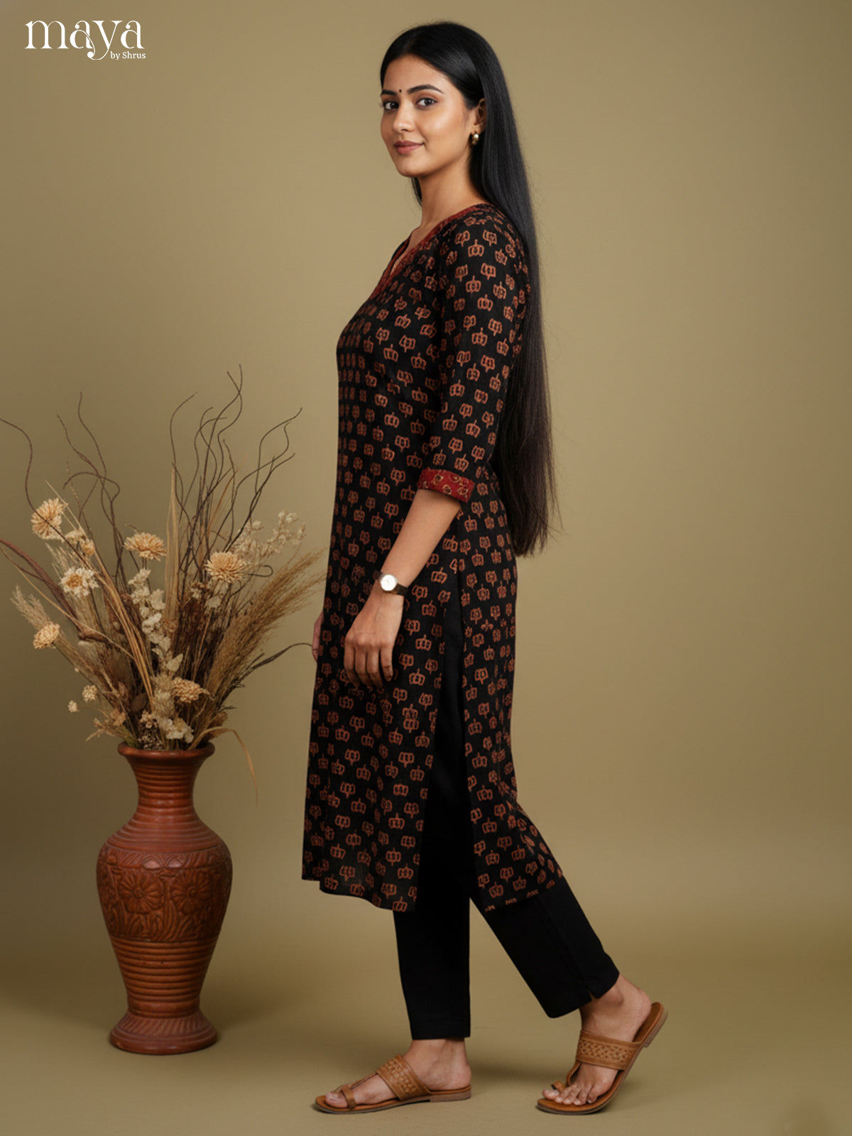 Vibrant Black ajrakh printed  Readymade Kurti-MEB27027