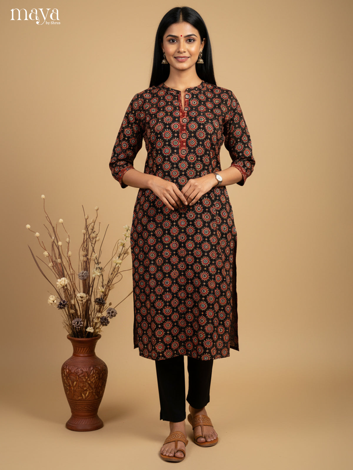 Graceful Black Ajrak printed Readymade Kurti - MEB27031