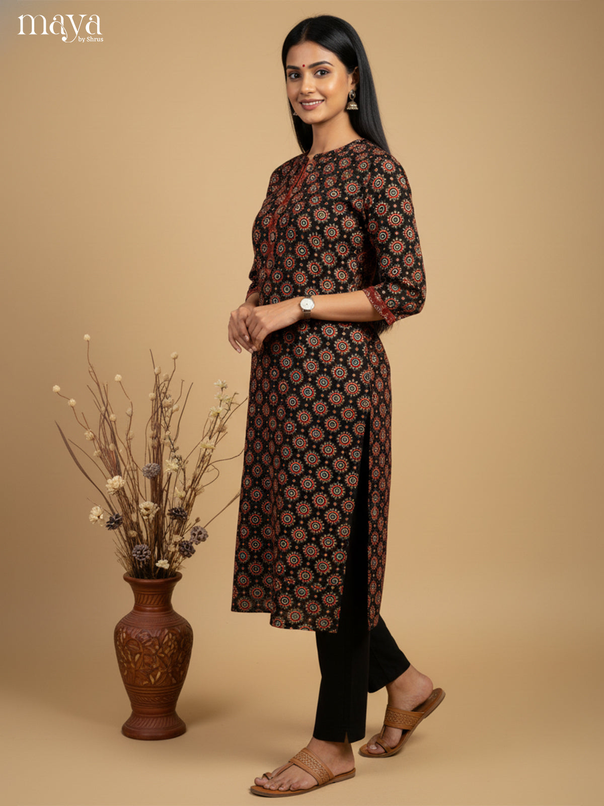 Graceful Black Ajrak printed Readymade Kurti - MEB27031