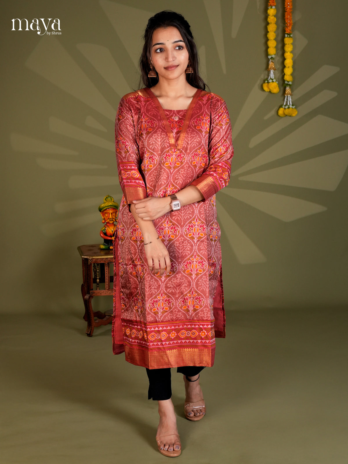 Red Semi Patola Readymade Kurti - MEB28001