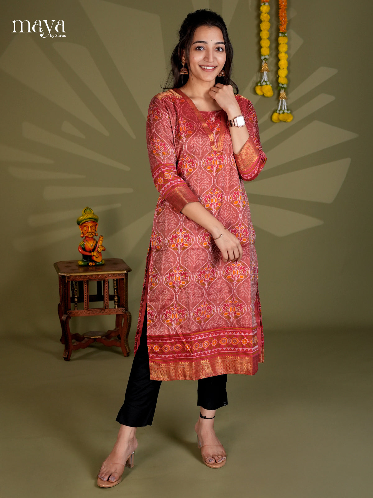 Red Semi Patola Readymade Kurti - MEB28001