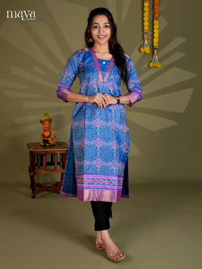Blue & Purple Semi Patola Readymade Kurti - MEB28002