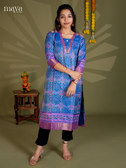 Blue & Purple Semi Patola Readymade Kurti - MEB28002