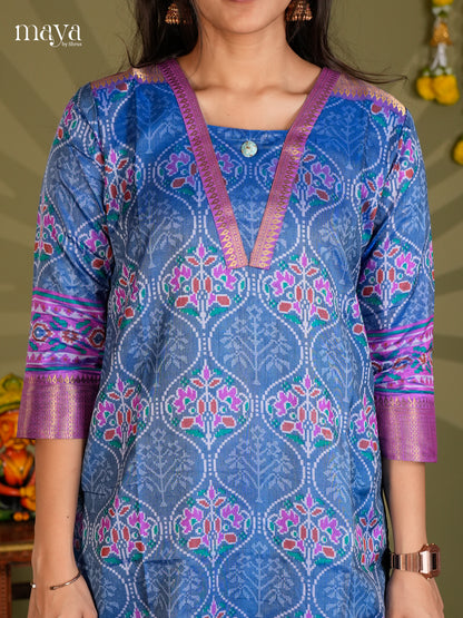 Blue & Purple Semi Patola Readymade Kurti - MEB28002