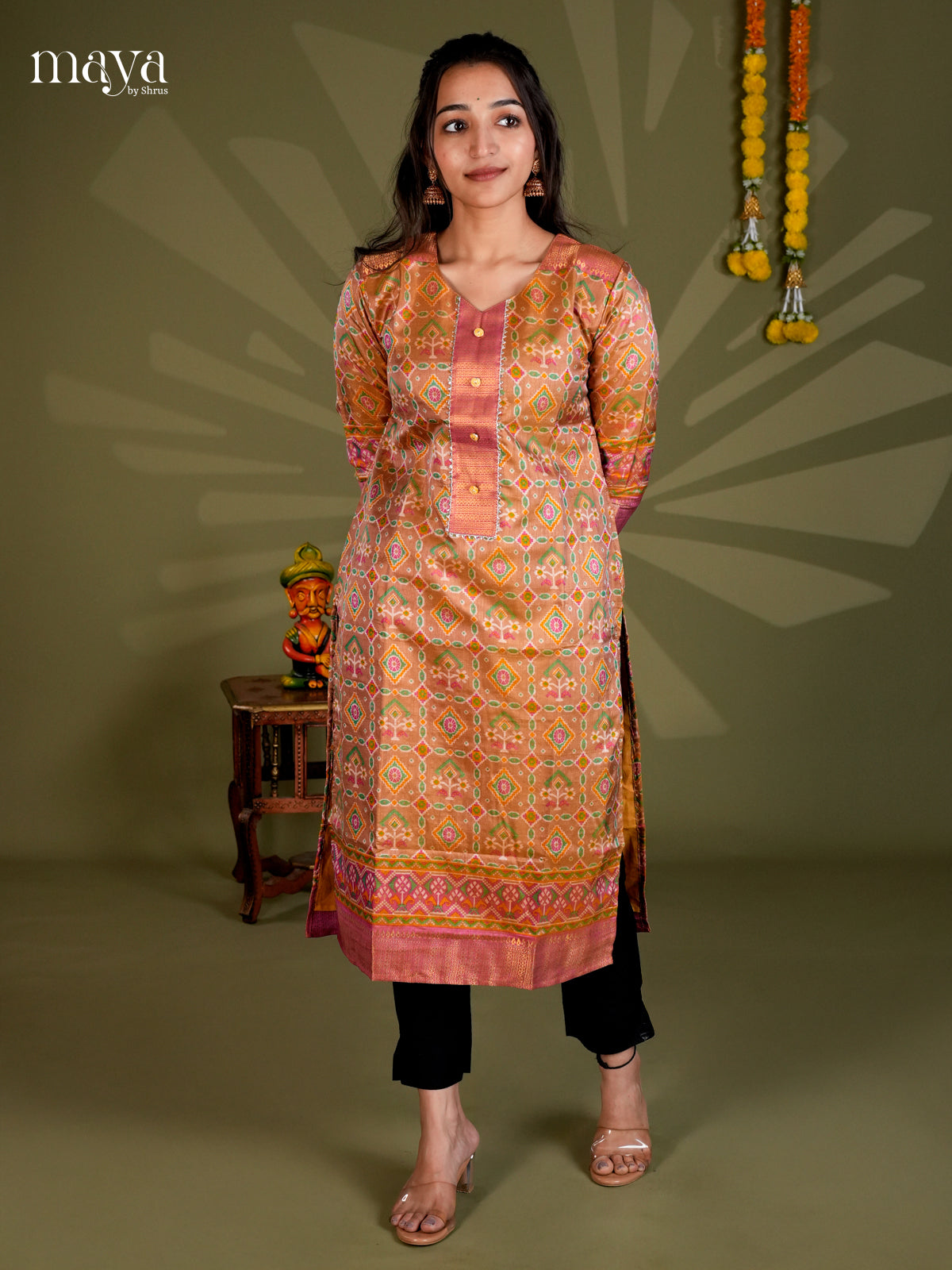 Brick & Purple Semi Patola Readymade Kurti - MEB28003