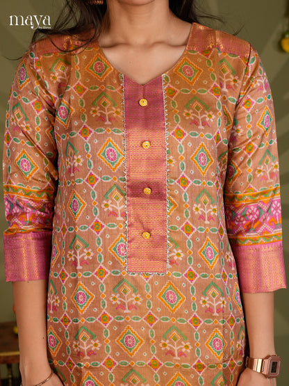 Brick & Purple Semi Patola Readymade Kurti - MEB28003