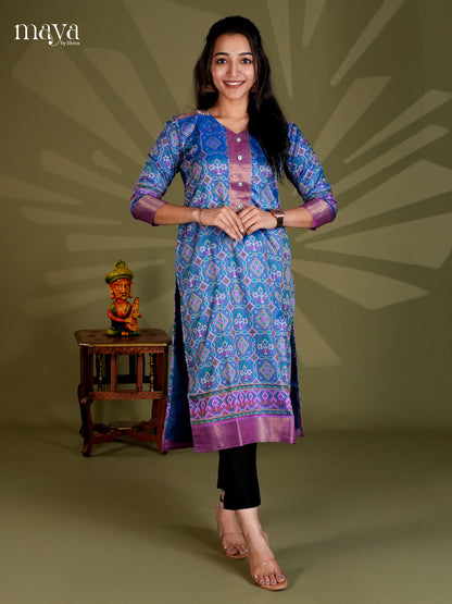 Blue & Purple Semi Patola Readymade Kurti - MEB28004