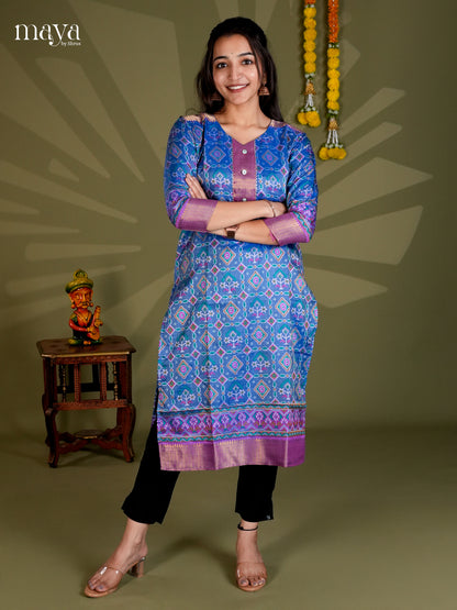 Blue & Purple Semi Patola Readymade Kurti - MEB28004