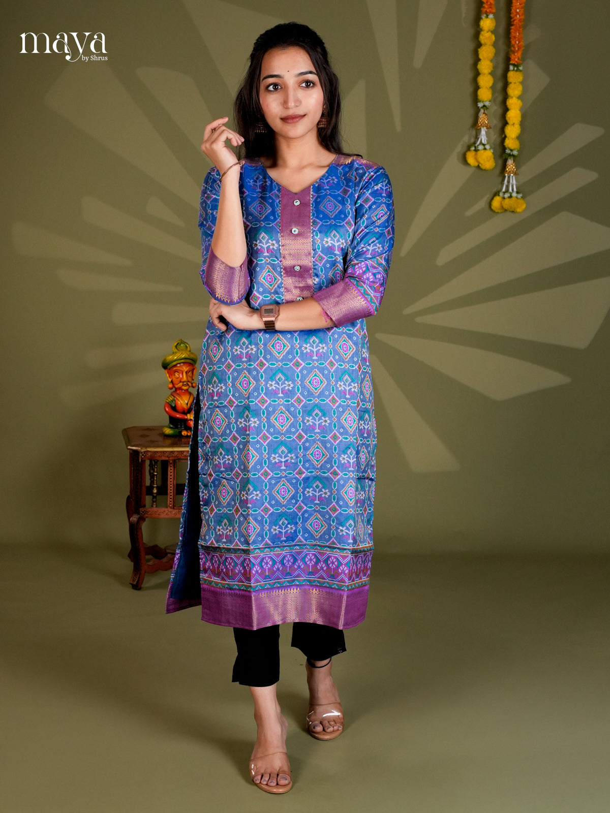 Blue & Purple Semi Patola Readymade Kurti - MEB28004