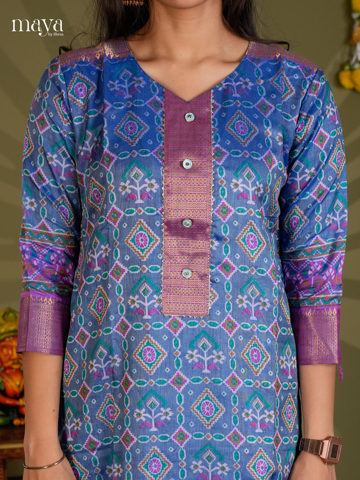 Blue & Purple Semi Patola Readymade Kurti - MEB28004