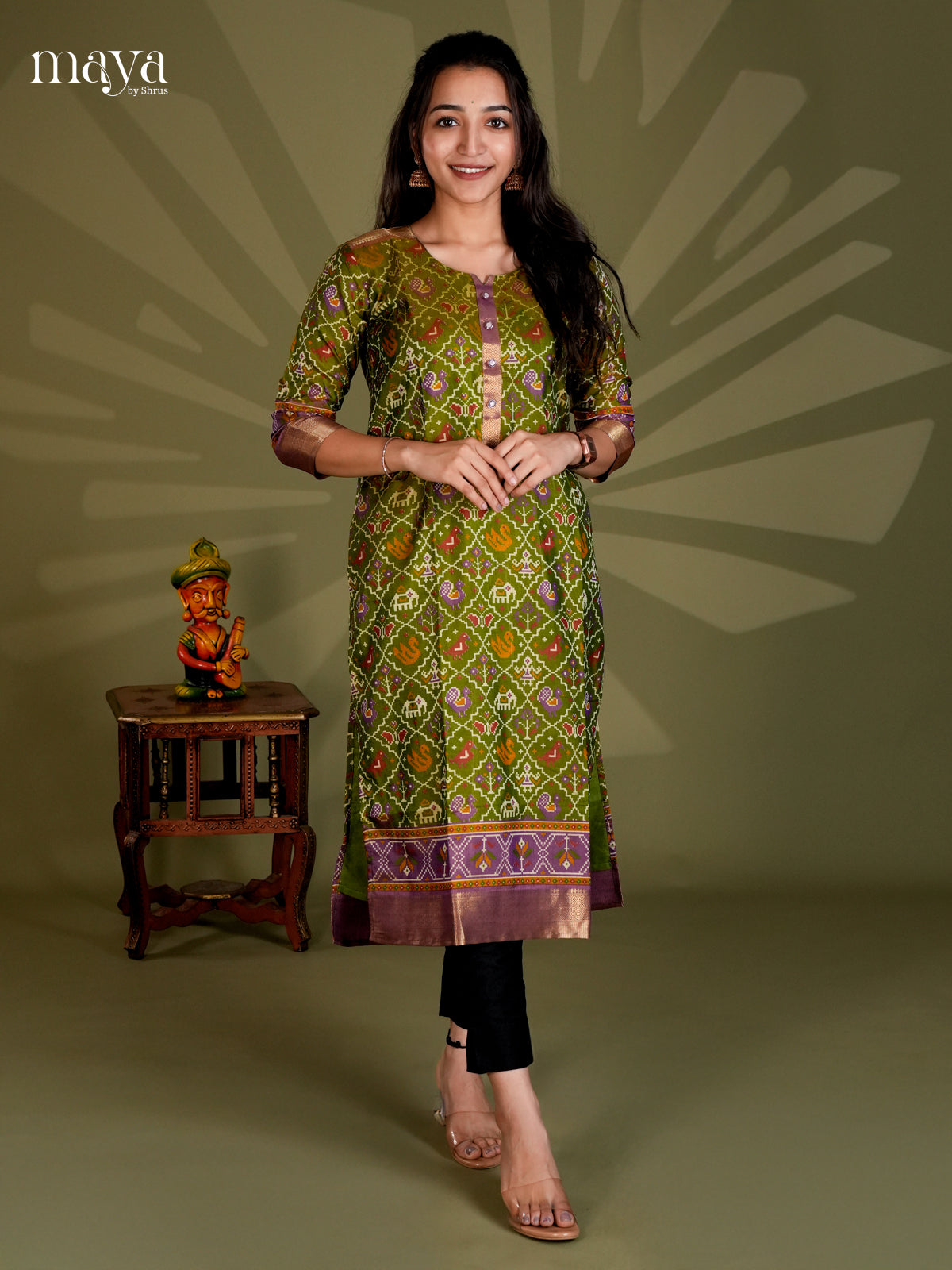 Green & Purple Semi Patola Readymade Kurti - MEC09001