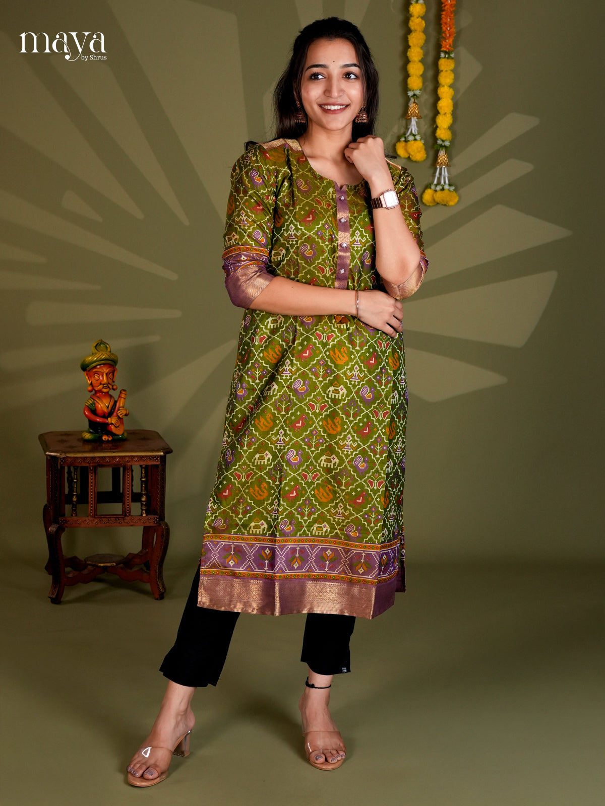 Green & Purple Semi Patola Readymade Kurti - MEC09001