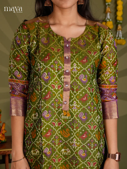 Green & Purple Semi Patola Readymade Kurti - MEC09001