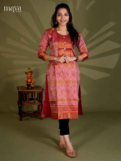red & Maroon Semi Patola  Readymade Kurti with zari neck yoke - MEC09002