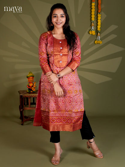 red & Maroon Semi Patola  Readymade Kurti with zari neck yoke - MEC09002