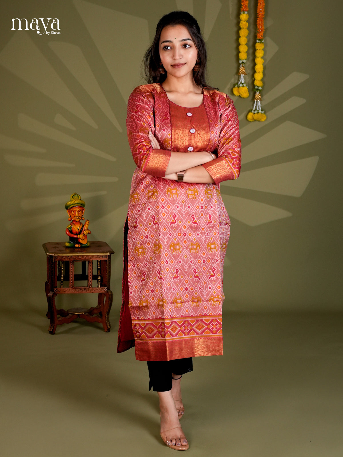 red & Maroon Semi Patola  Readymade Kurti with zari neck yoke - MEC09002
