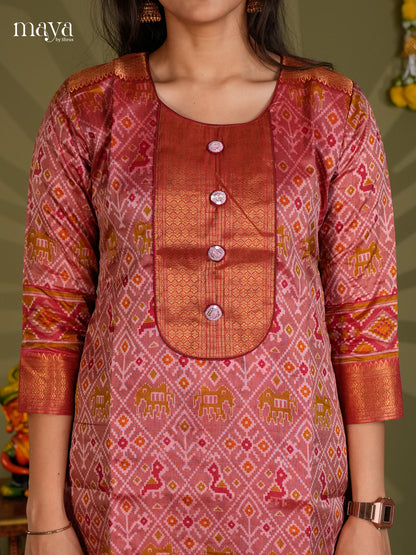 red & Maroon Semi Patola  Readymade Kurti with zari neck yoke - MEC09002