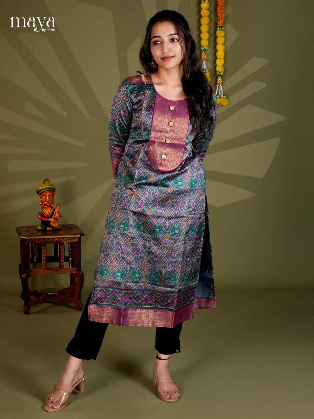 Green & Purple  Semi Patola Readymade Kurti with neck yoke  - MEC09003
