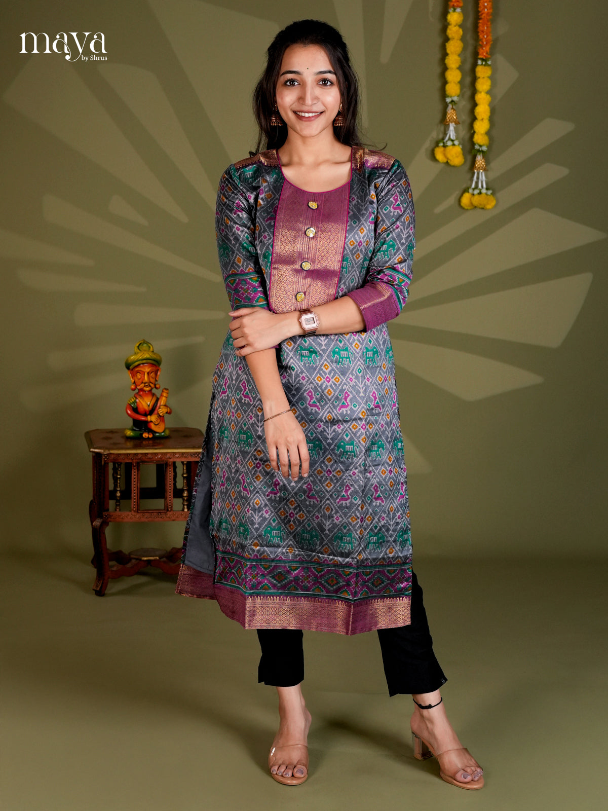 Green & Purple  Semi Patola Readymade Kurti with neck yoke  - MEC09003